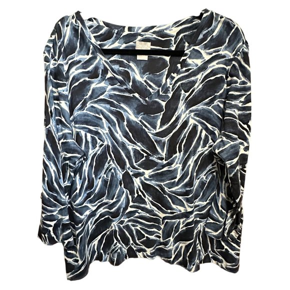 Chico’s size 3(XL/16) navy blue print 3/4 sleeve top missing fabric/care tag - Picture 1 of 6